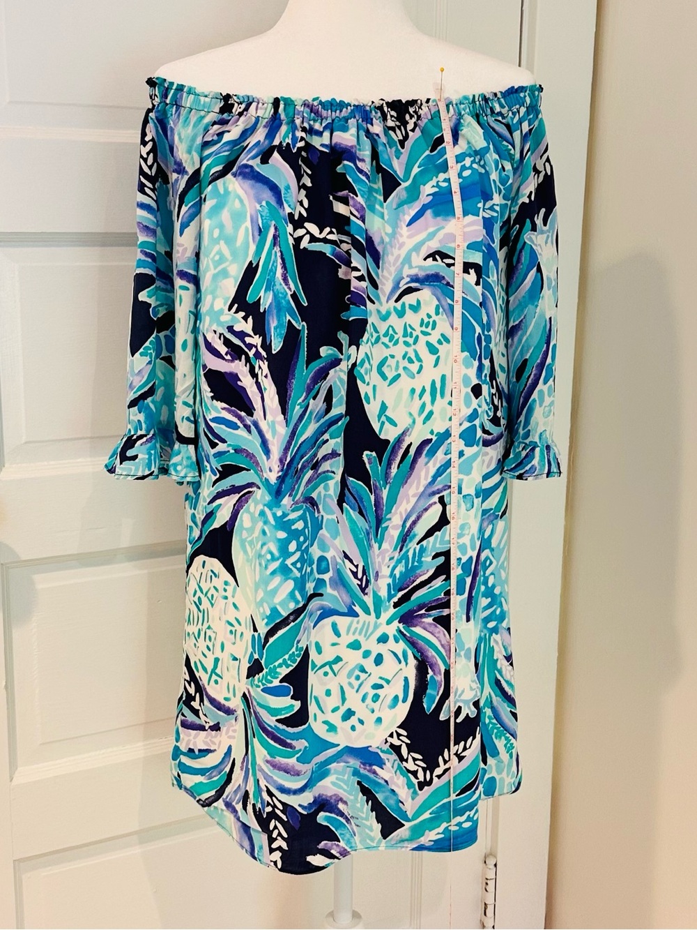 Lilly Pulitzer Teal, Aqua & Navy Off-Shoulder Lined Dress-Like New.